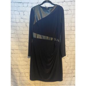 Lauren by Ralph Lauren Long Sleeve Faux Leather Accent Navy Dress Size 12